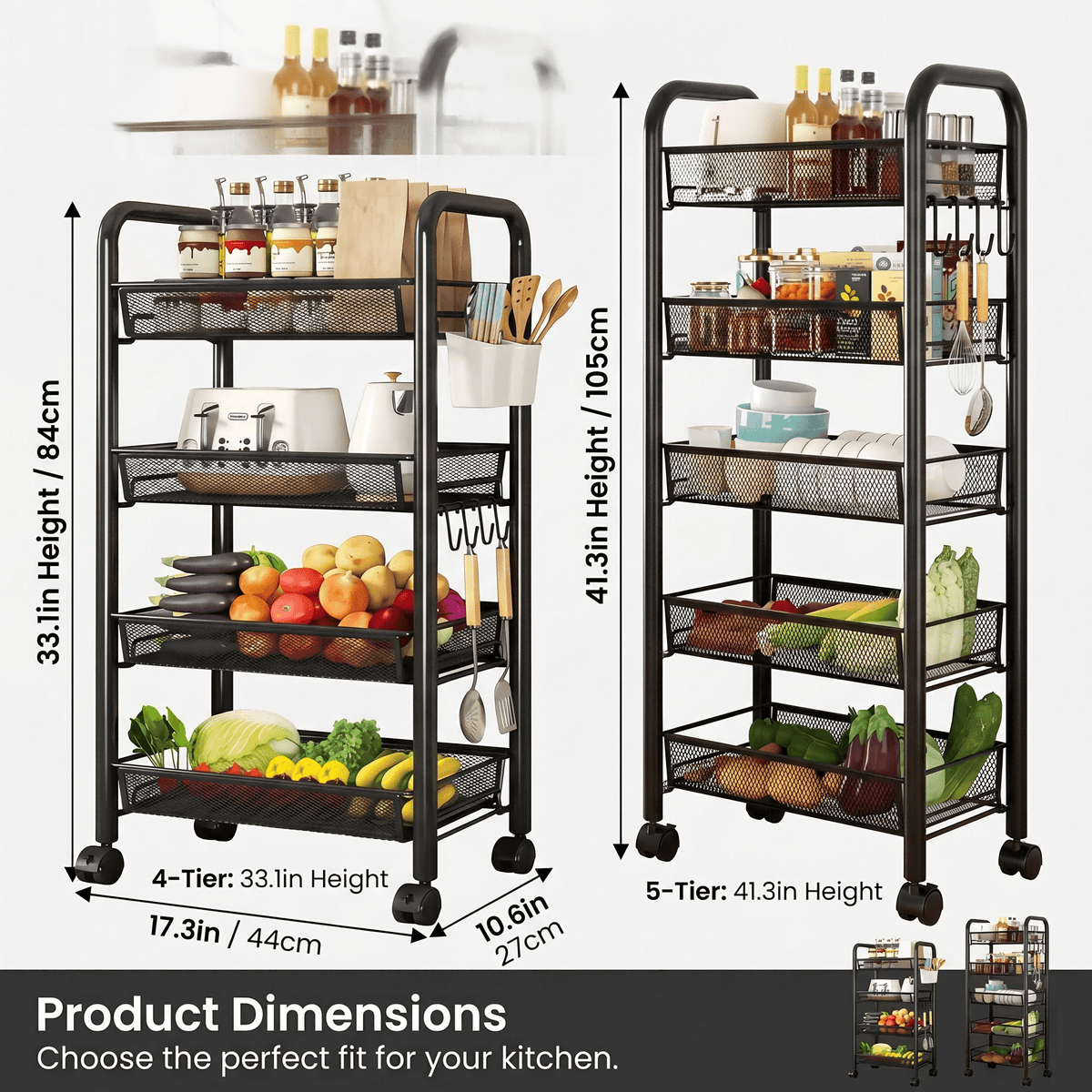 3–5 Tier Mesh Wire Rolling Cart