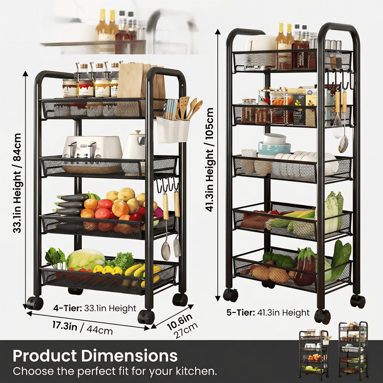 3–5 Tier Mesh Wire Rolling Cart