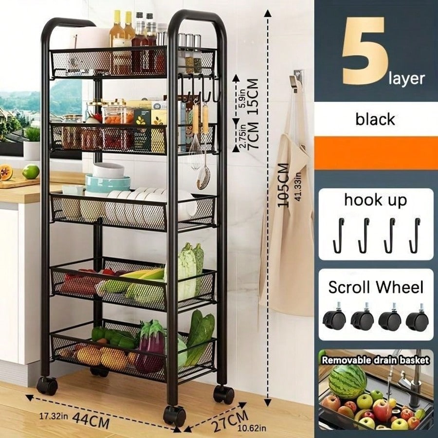 3–5 Tier Mesh Wire Rolling Cart